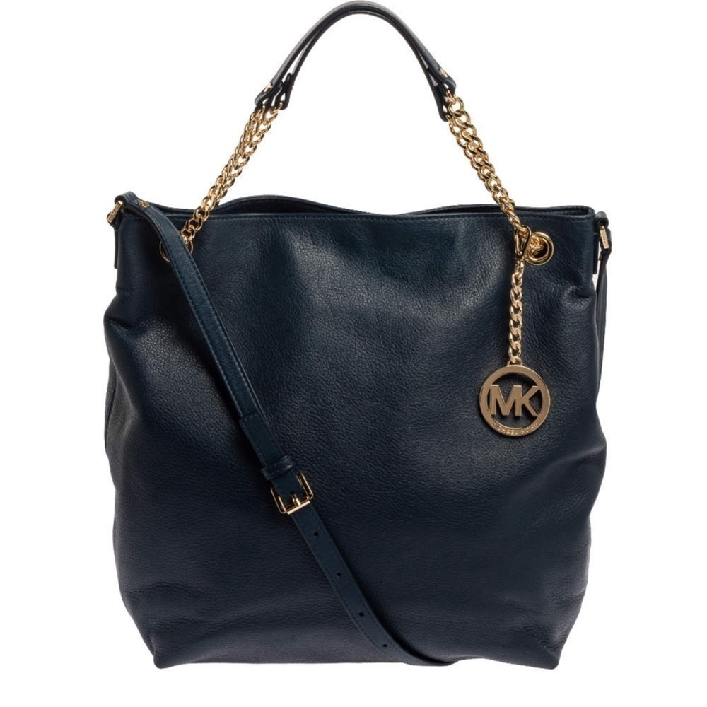 Michael Kors navy pebbled leather jet set gold chain tote should bag large